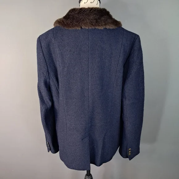 Talbots Womens Aberdeen Navy Blue Faux Fur Collar Wool Blend Jacket Blazer 16 - Picture 2 of 10